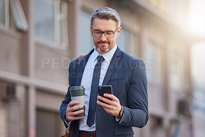 Buy stock photo City, coffee and phone with business man outdoor for morning commute to work in corporate suit. App, contact or social media with mature employee reading text message in urban town for communication