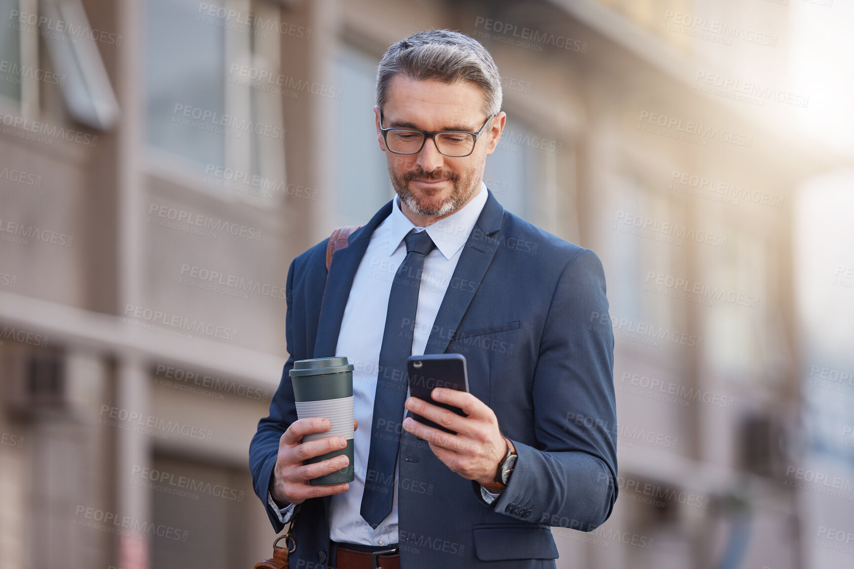 Buy stock photo City, coffee and phone with business man outdoor for morning commute to work in corporate suit. App, contact or social media with mature employee reading text message in urban town for communication