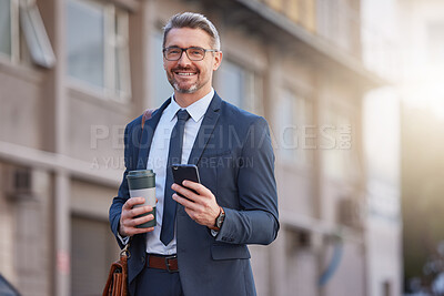 Buy stock photo City, phone and portrait of business man outdoor for morning commute to work in corporate suit. App, smile and social media with mature employee drinking coffee in urban town for communication