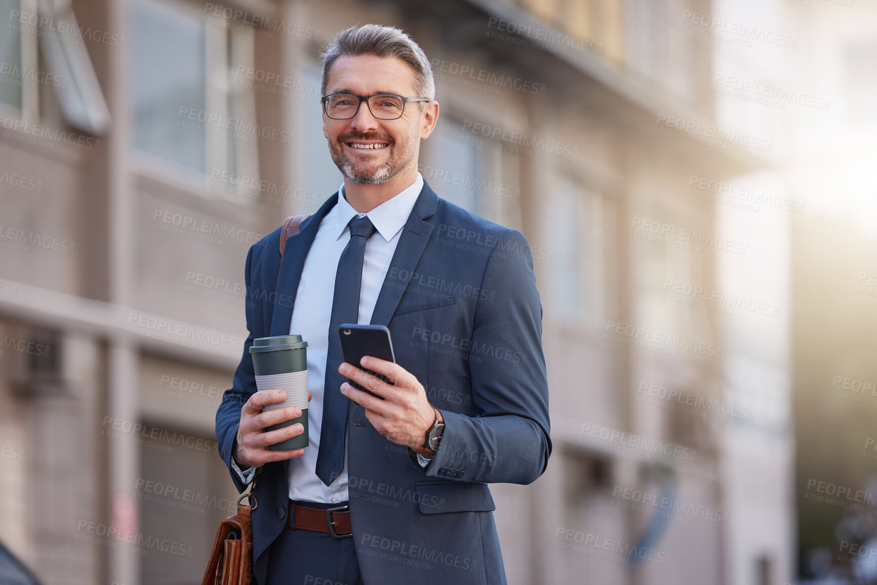 Buy stock photo City, phone and portrait of business man outdoor for morning commute to work in corporate suit. App, smile and social media with mature employee drinking coffee in urban town for communication