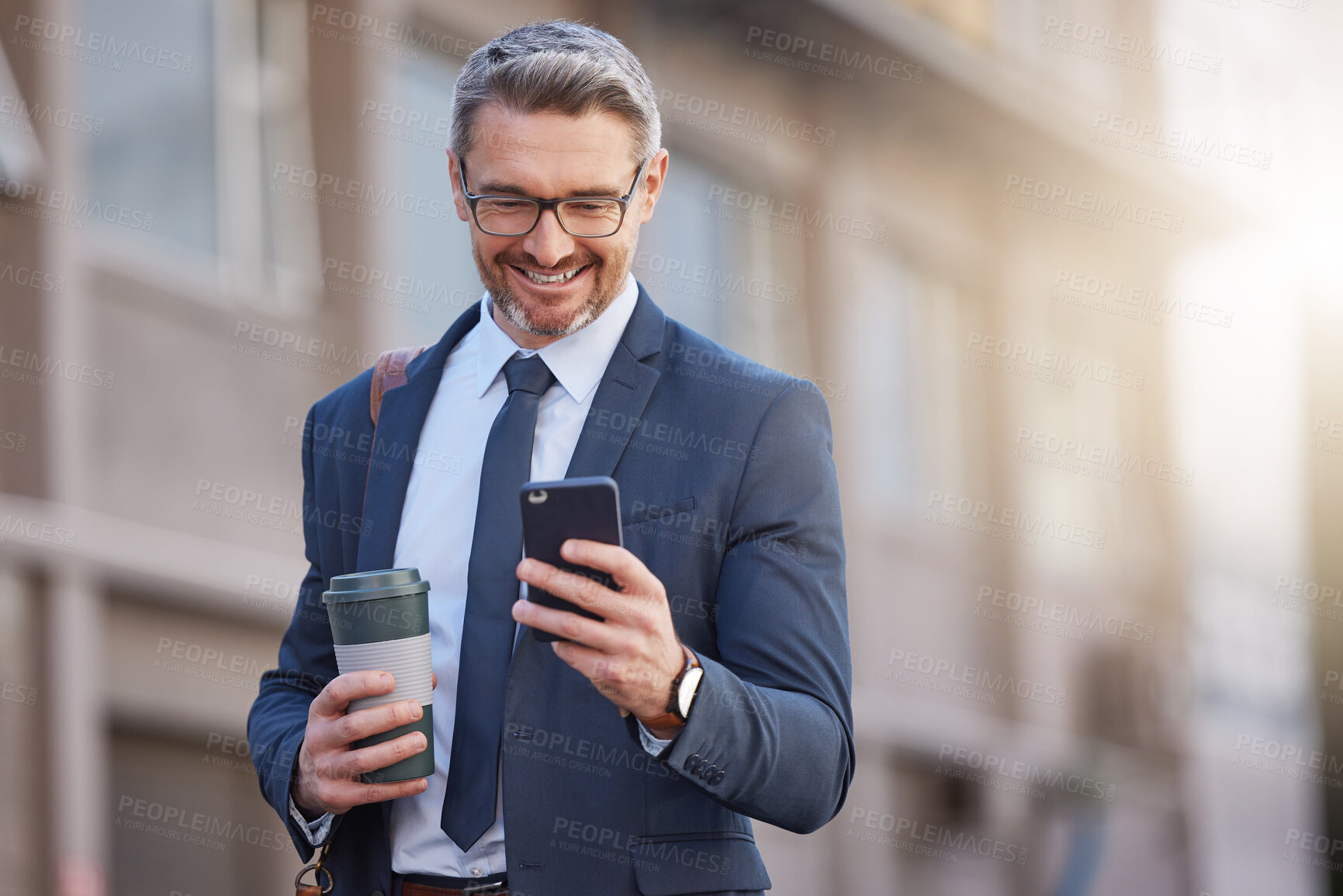 Buy stock photo City, coffee and phone with corporate man outdoor for morning commute to work in professional suit. App, social media and mature business person reading text message in urban town for communication