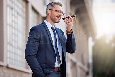 Buy stock photo City, memo and phone with business man outdoor for morning commute to work in corporate suit. App, contact or voice note with mature employee recording message in urban town for communication