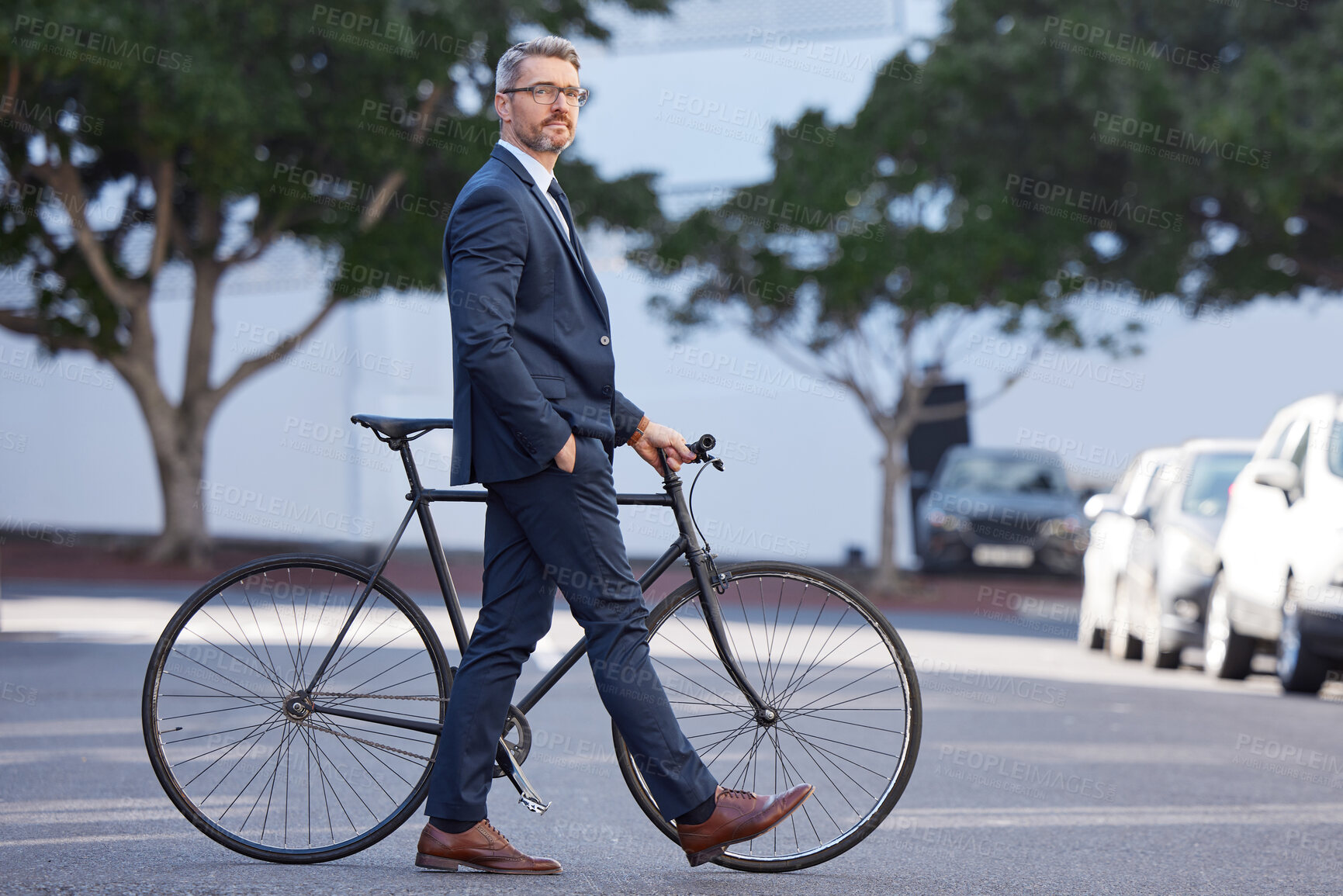 Buy stock photo Bike, morning and business man in city for carbon neutral, commute and environment. Professional, executive and sustainability with employee and bicycle in outdoors for cycling, natural and health 