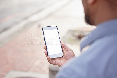 Buy stock photo Outdoor, man and hands with smartphone screen for advertising or internet search for business opportunity or networking. Mockup, campaign and banner with online for connection and communication