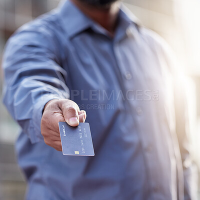 Buy stock photo Outdoor, man and hand with credit card for payment, buy and purchase for shopping. Rewards, voucher and debit for retail or banking with finance, budget and saving account with interest rate