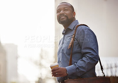 Buy stock photo Businessman, thinking and walk in city on coffee break in morning on commute to office building. Calm, schedule and mature black man travel with espresso or latte to work with positive mindset