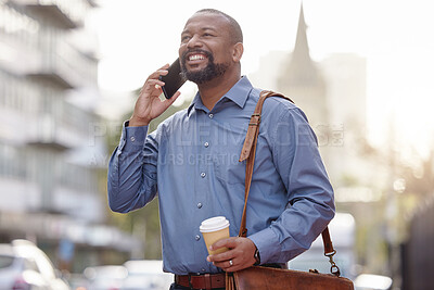Buy stock photo Black man, smile and outdoor with phone call for conversation and communication in New York downtown. Banker, happy and traveling to work with discussion for connection and networking on cellphone
