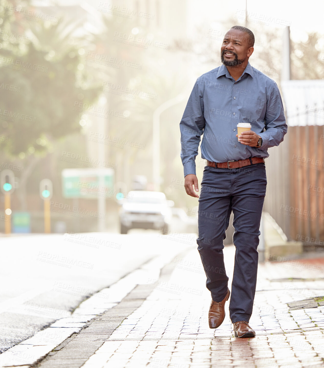 Buy stock photo Mature businessman, drink and walking by city with espresso, happiness and commute by urban road. Black male person, coffee and fresh air by street for work break with smile and sunshine in Nigeria