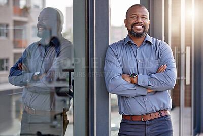 Buy stock photo Happy, portrait of black businessman with arms crossed and at office building outside with a lens flare. Happiness, good news and confident or cheerful African male person outdoors of workplace