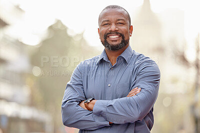 Buy stock photo Portrait, confidence and mature black man outside with smile, opportunity or experience in management. Support, advisor or senior business consultant with outsourcing solution, growth and development