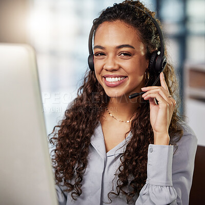 Buy stock photo Young woman, call center and portrait with smile, microphone and computer for telemarketing job. Happy female consultant, face and headphones for customer service, technical support and crm at agency