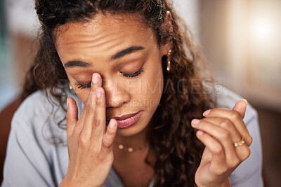 Buy stock photo Businesswoman, headache and stressed with tired in exhausted from work in office with depression. Sad, mental health and anxiety with stress management in workplace with annoyed from burnout in job