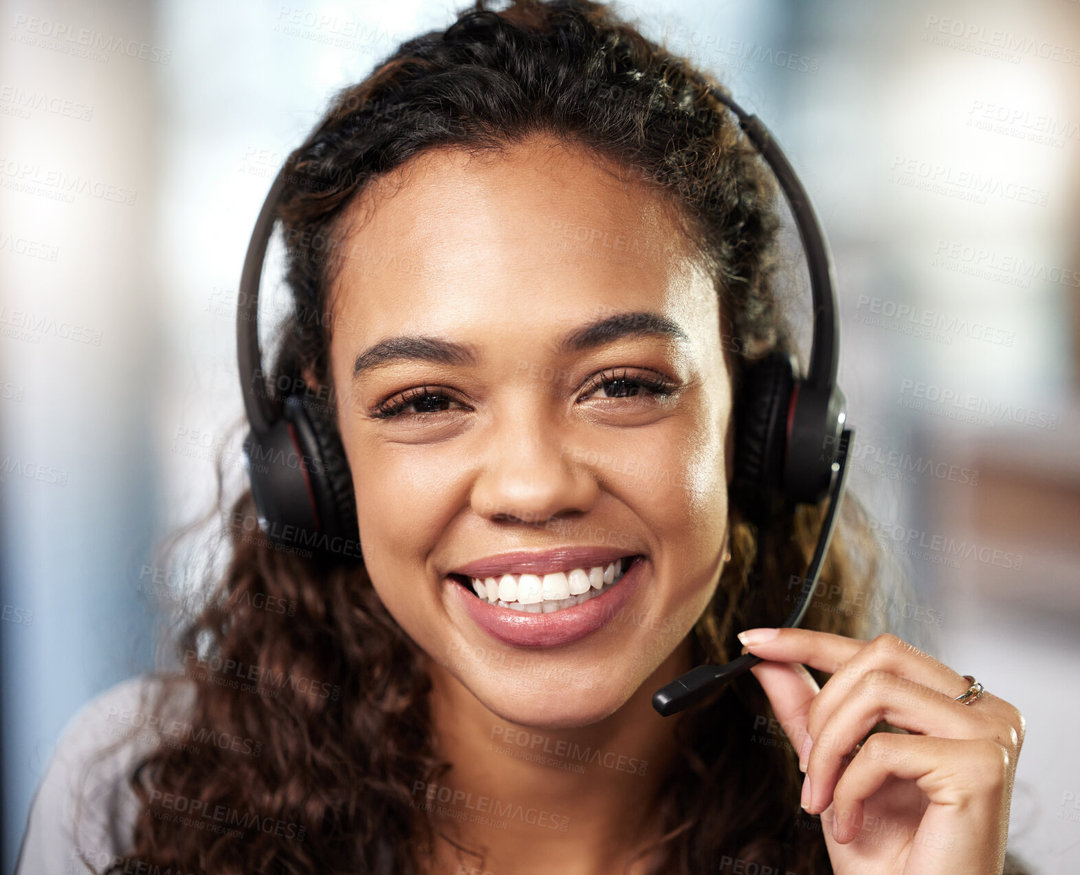 Buy stock photo Call center, headset or portrait of happy woman in communication at telecom customer services. Microphone, smile or friendly sales agent consulting, speaking or talking in tech support help desk 