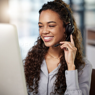 Buy stock photo Young woman, call center and listen with computer, microphone and smile for telemarketing job. Happy female consultant, face and pc headphones for customer service, technical support or crm at agency