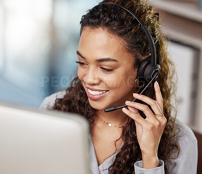 Buy stock photo Young woman, call center and listening with computer, microphone or smile for telemarketing job. Happy female consultant, face and headphones for customer service, technical support and crm at agency