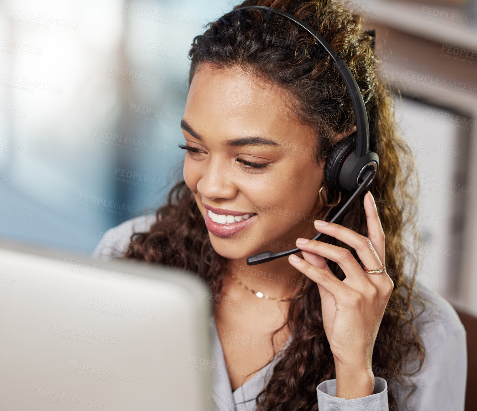 Buy stock photo Young woman, call center and listening with computer, microphone or smile for telemarketing job. Happy female consultant, face and headphones for customer service, technical support and crm at agency