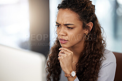 Buy stock photo Doubt, confused or woman thinking on computer solution, research or serious job decision or planning. Reading, reviewing business ideas or frustrated analyst for problem solving on digital technology