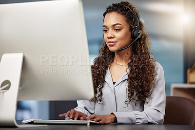 Buy stock photo Call center, virtual assistant or woman typing on computer at telecom customer services office job help desk. Microphone, technology or female sales agent consulting or helping in tech support on pc