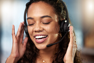 Buy stock photo Call center communication, headset or happy woman listening at telecom customer services office. Microphone, face or friendly sales agent consulting, speaking or talking in tech support help desk 