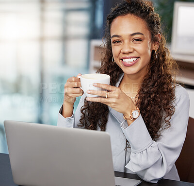 Buy stock photo Desk, coffee and portrait of woman with laptop in office for research, break or feedback on article. Journalist, smile and face of writer with technology for online news, website and beverage at work