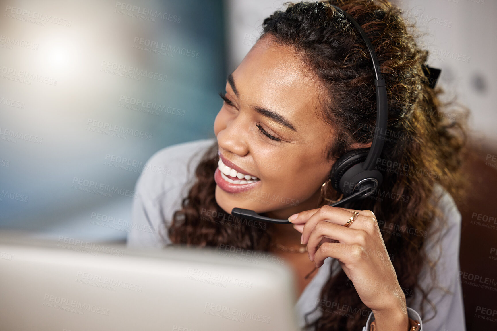 Buy stock photo Funny, headset or happy woman in call center for communication at telecom customer service. Microphone, smile or friendly sales agent consulting, talking or laughing at joke in tech support help desk