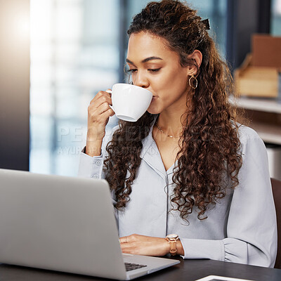 Buy stock photo Drink, coffee and woman with laptop at desk for research report, website and feedback on article. Writer, idea and journalist with technology in office for online news, review and beverage at work