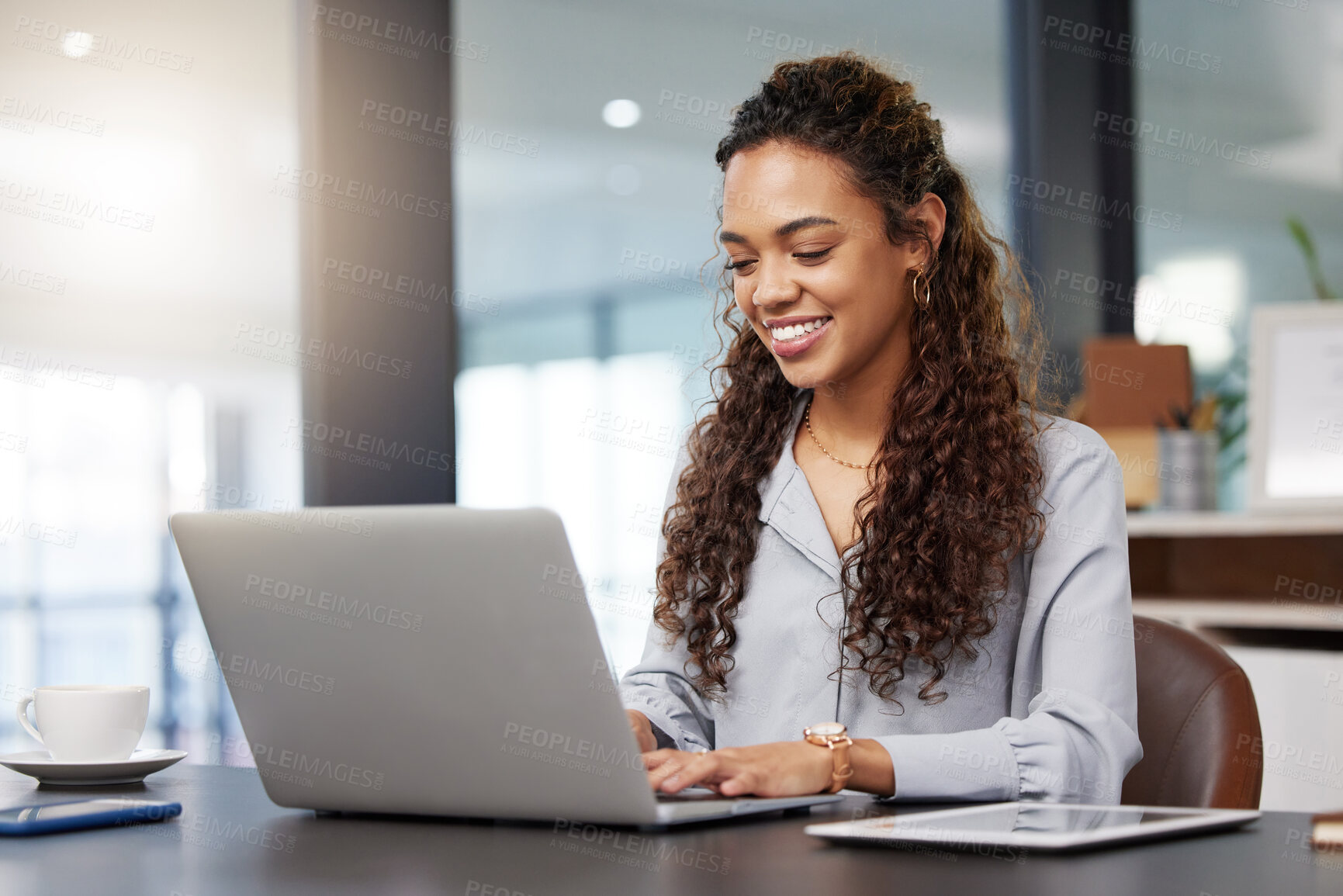 Buy stock photo Happy, laptop and search with business woman in office for social media, networking and corporate. Smile, planning and technology with employee in digital agency for entrepreneur, internet and email