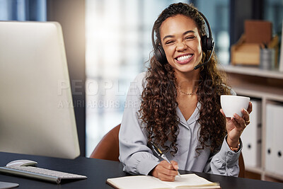 Buy stock photo Call center portrait, coffee or happy woman at customer service office with drinks or smile to relax. Microphone, lunch break or friendly sales agent drinking tea or writing notes in tech support 