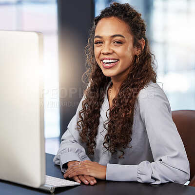 Buy stock photo Portrait, smile and business woman in office by computer for career, job or working at startup company. Face, happy professional and entrepreneur, creative employee and  copywriter laughing in Dubai