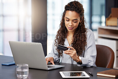 Buy stock photo Credit card, online shopping or businesswoman typing on laptop for payment on ecommerce website in office. Worker, website or financial trader trading with digital money on internet via fintech 