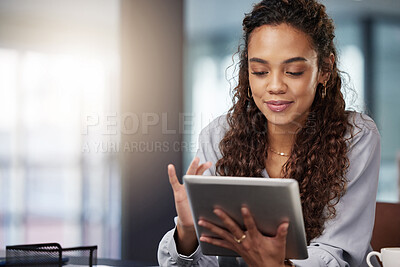 Buy stock photo Tablet, space and business woman in office for social media, networking or website. Lens flare, internet and technology with female employee in digital agency for entrepreneur, email and planning