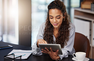 Buy stock photo Tablet, focus and business woman in office for social media, networking or website. Communication, internet and technology with female employee in digital agency for entrepreneur, email and planning