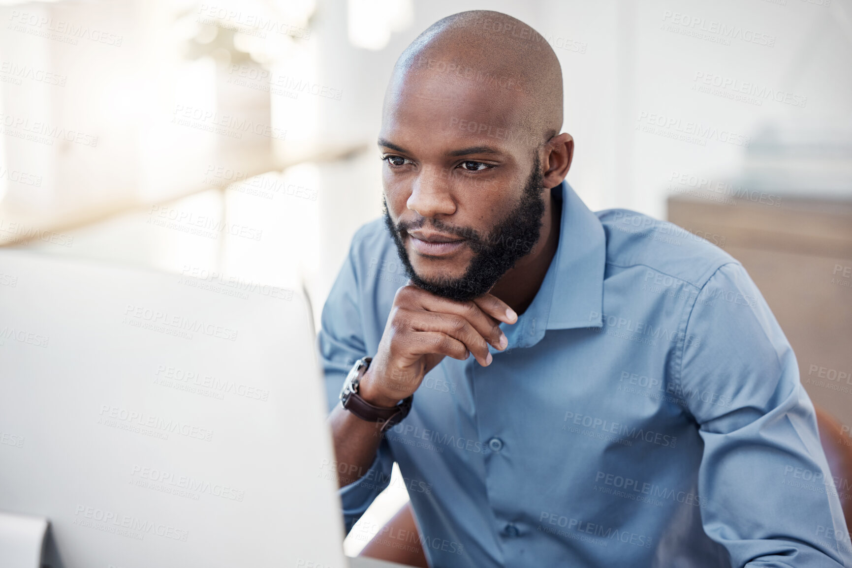 Buy stock photo Computer, reading and black man in office for research with corporate legal case for startup. Technology, thinking and African male attorney working on law procedure for policy review on desktop.