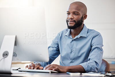 Buy stock photo Computer, typing and black man in office for research with corporate legal case for startup. Technology, thinking and African male attorney working on law procedure for policy review on desktop.