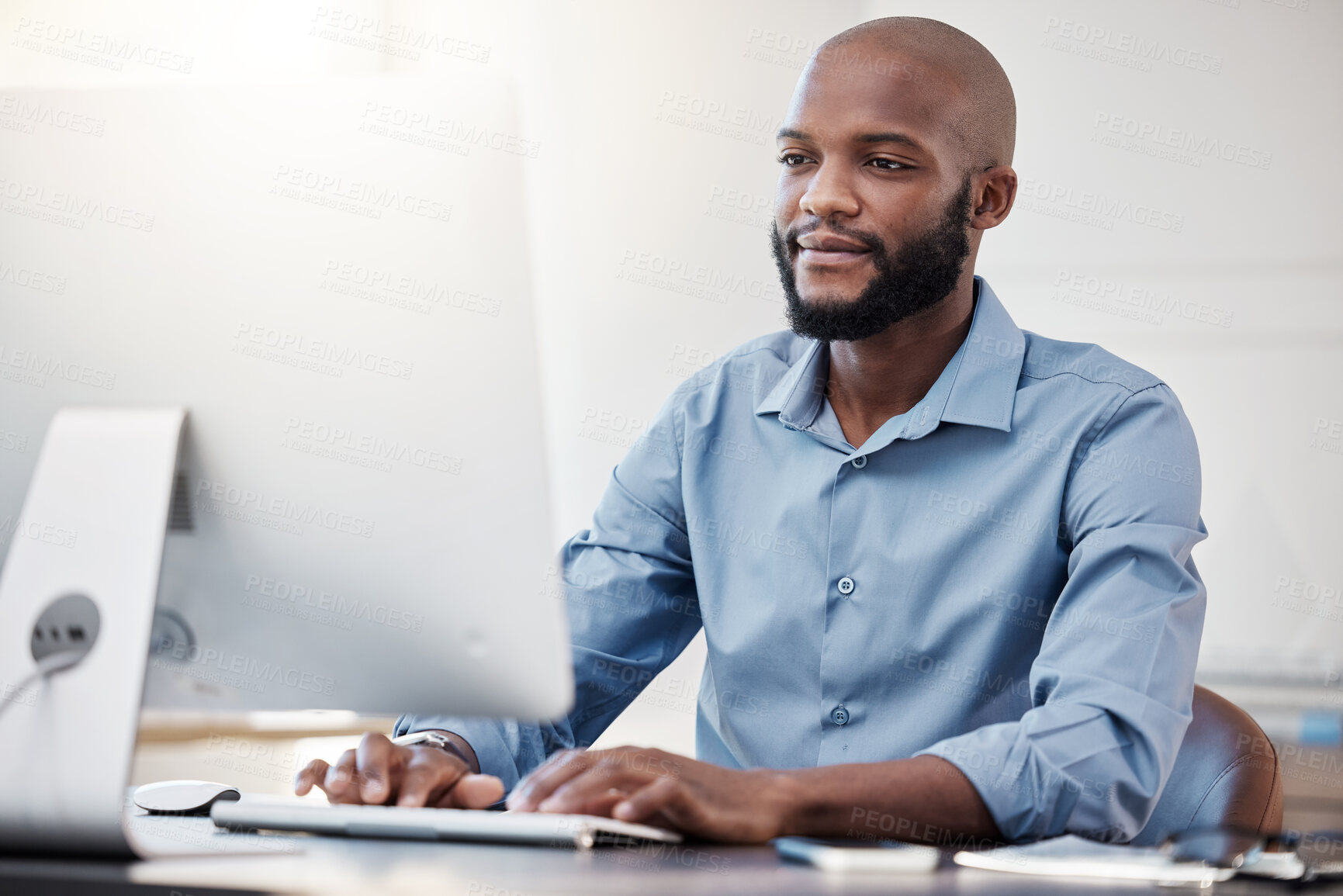 Buy stock photo Computer, typing and black man in office for research with corporate legal case for startup. Technology, thinking and African male attorney working on law procedure for policy review on desktop.