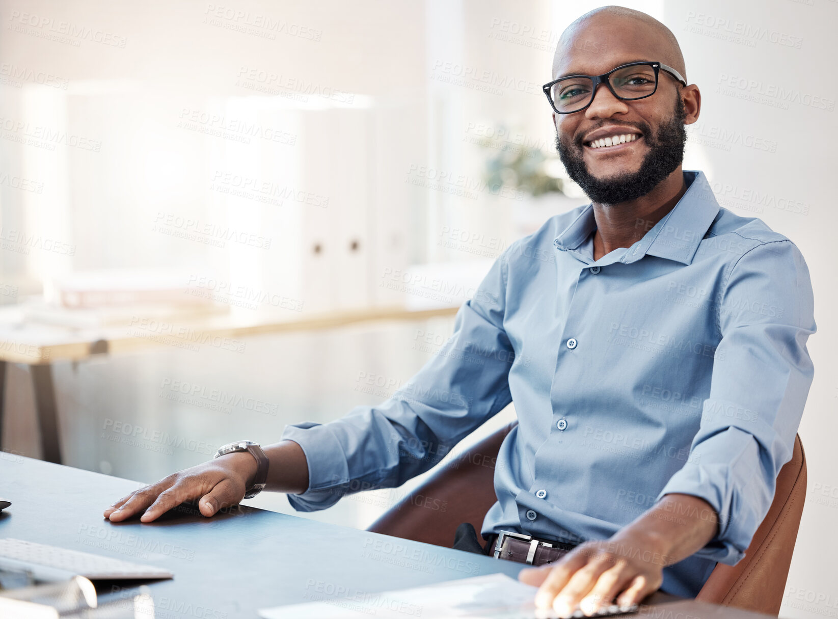 Buy stock photo Smile, glasses and portrait of black man in office for corporate legal case with startup. Technology, happy and confident African male attorney working on law procedure for policy review in workplace