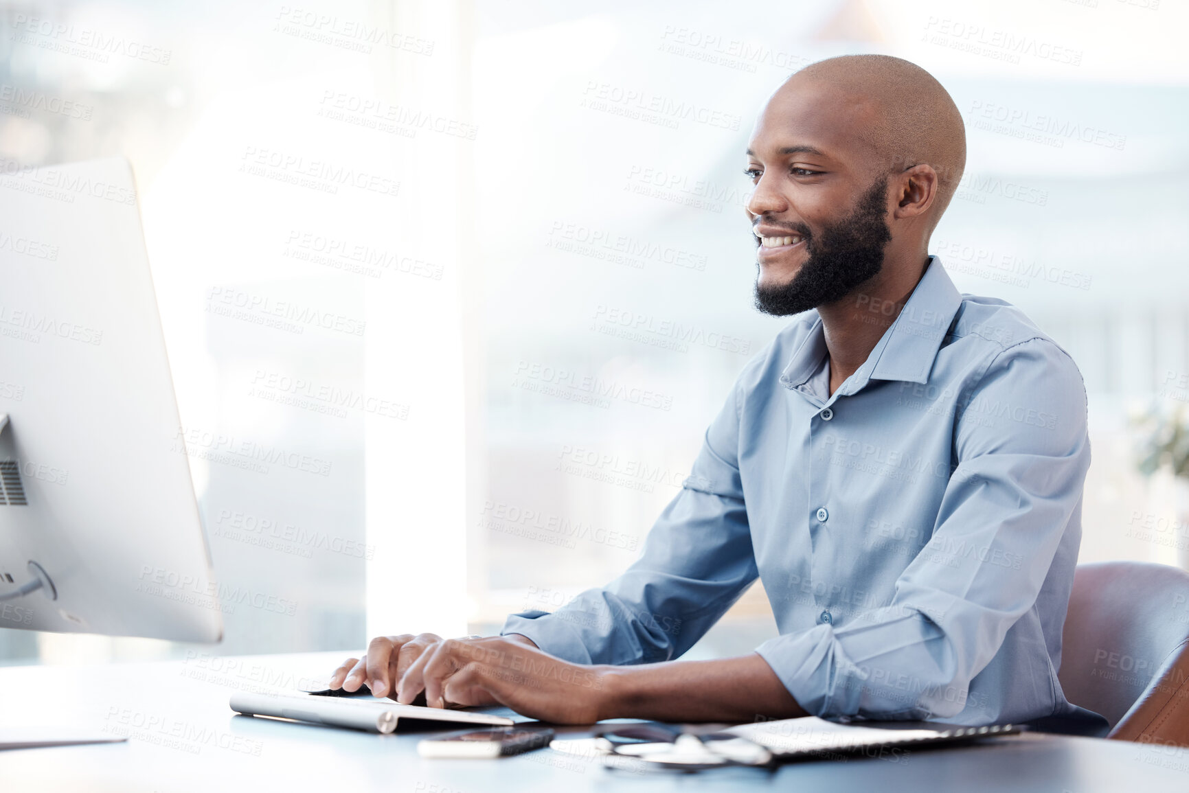 Buy stock photo Desktop, typing and black man in office for research with corporate legal case for startup. Technology, reading and African male attorney working on law procedure for policy review on computer.