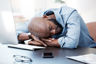 Buy stock photo Black man, sleeping and rest on desk, burnout and stress or anxiety in office for mental health. Male person, consultant and frustrated or dream of project deadline, nap and depression or fatigue