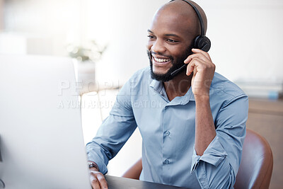 Buy stock photo Black man, happy and agent working in call center on computer in the office, business in telemarketing or customer service. Businessman, face with smile and crm, conversation with client on help desk