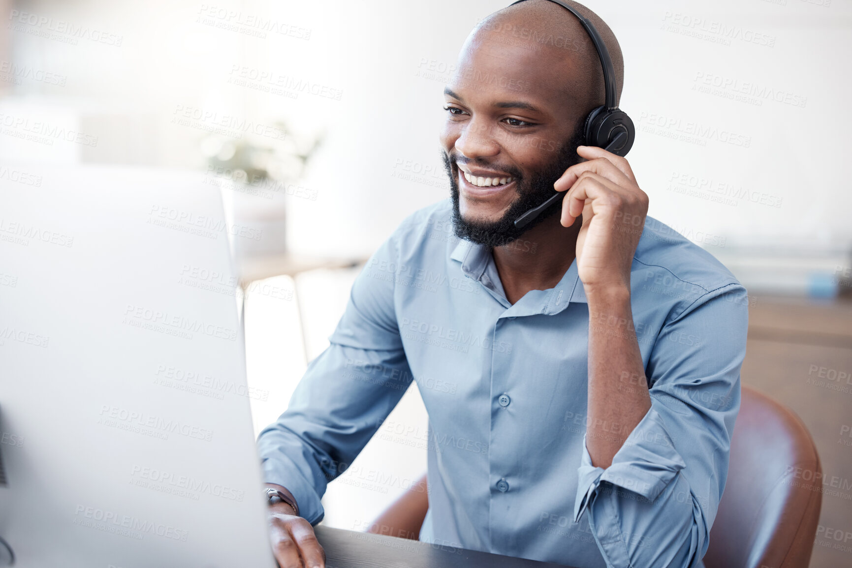 Buy stock photo Black man, happy and agent working in call center on computer in the office, business in telemarketing or customer service. Businessman, face with smile and crm, conversation with client on help desk