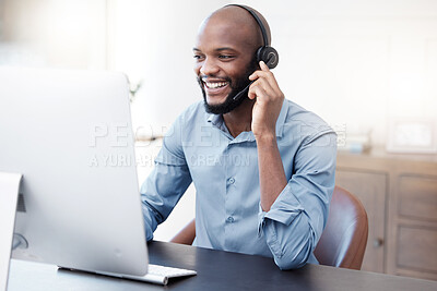 Buy stock photo Black man, callcenter with phone call and computer, contact us with communication, headset and technology. Male consultant, CRM with customer service and tech support with help desk worker and smile