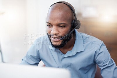 Buy stock photo Black man, call center worker and CRM with contact us, communication and computer, headset with mic and connect. Male consultant, customer service and tech support with help desk employee in office