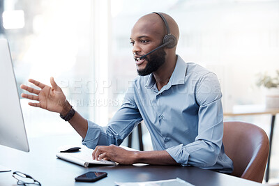 Buy stock photo Business, black man and agent with customer service, telemarketing and help desk with computer. Insurance consultant, African person and employee with pc, headset and tech support with call center