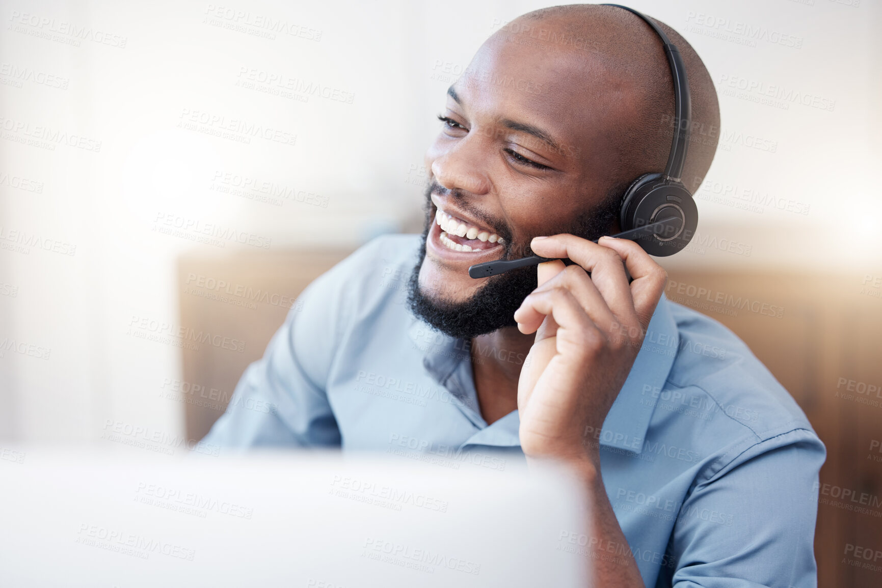 Buy stock photo Agent, call center and happy black man working on computer in the office, business in telemarketing or customer service. Businessman, face with smile and crm, conversation with client on help desk