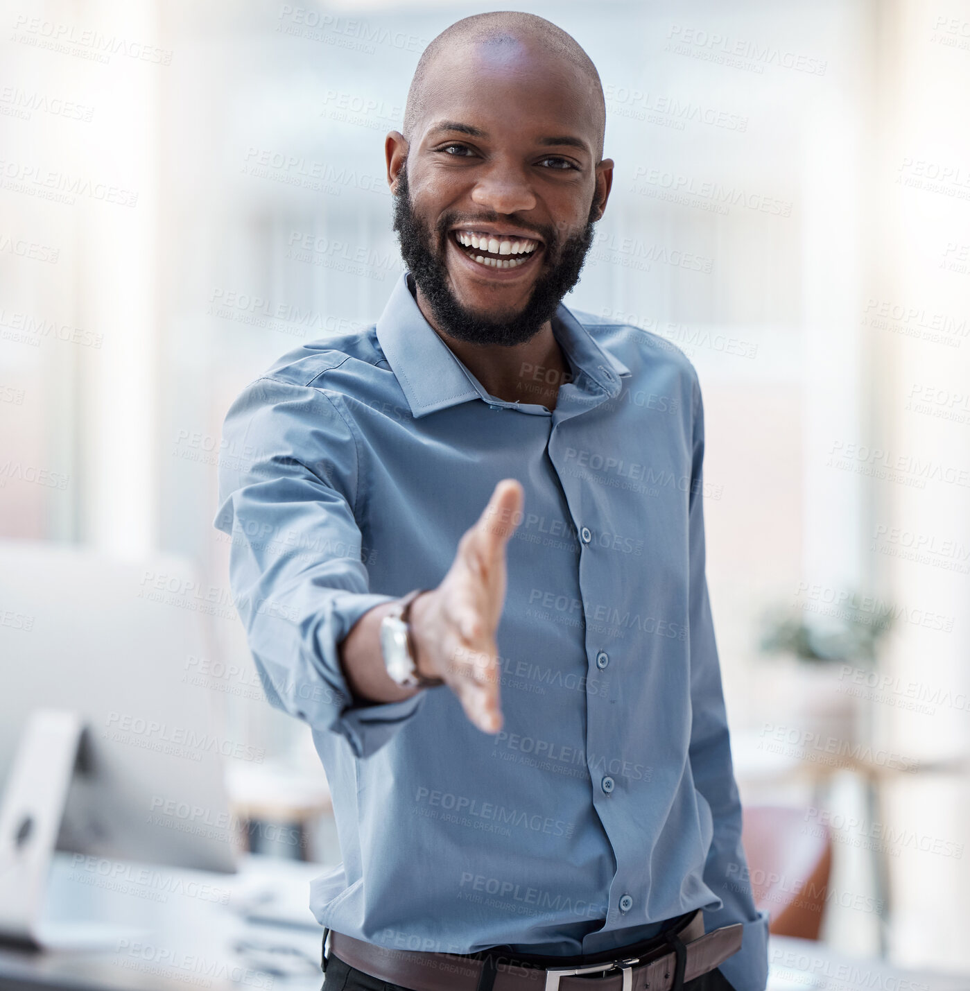 Buy stock photo Black man, portrait and handshake offer in office, consultant and welcome for job interview. Male person, workplace and pov for thank you in meeting, networking and recruiting for hr opportunity