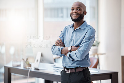 Buy stock photo Black man in business, arms crossed and smile in portrait with confidence, mockup space and professional mindset. Career mission, ambition and empowered happy male employee in corporate workplace