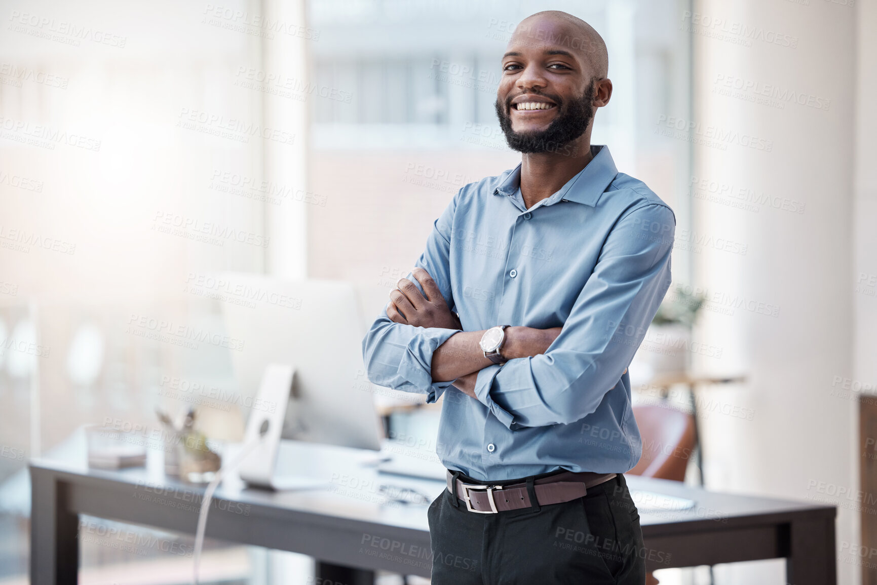 Buy stock photo Black man in business, arms crossed and smile in portrait with confidence, mockup space and professional mindset. Career mission, ambition and empowered happy male employee in corporate workplace