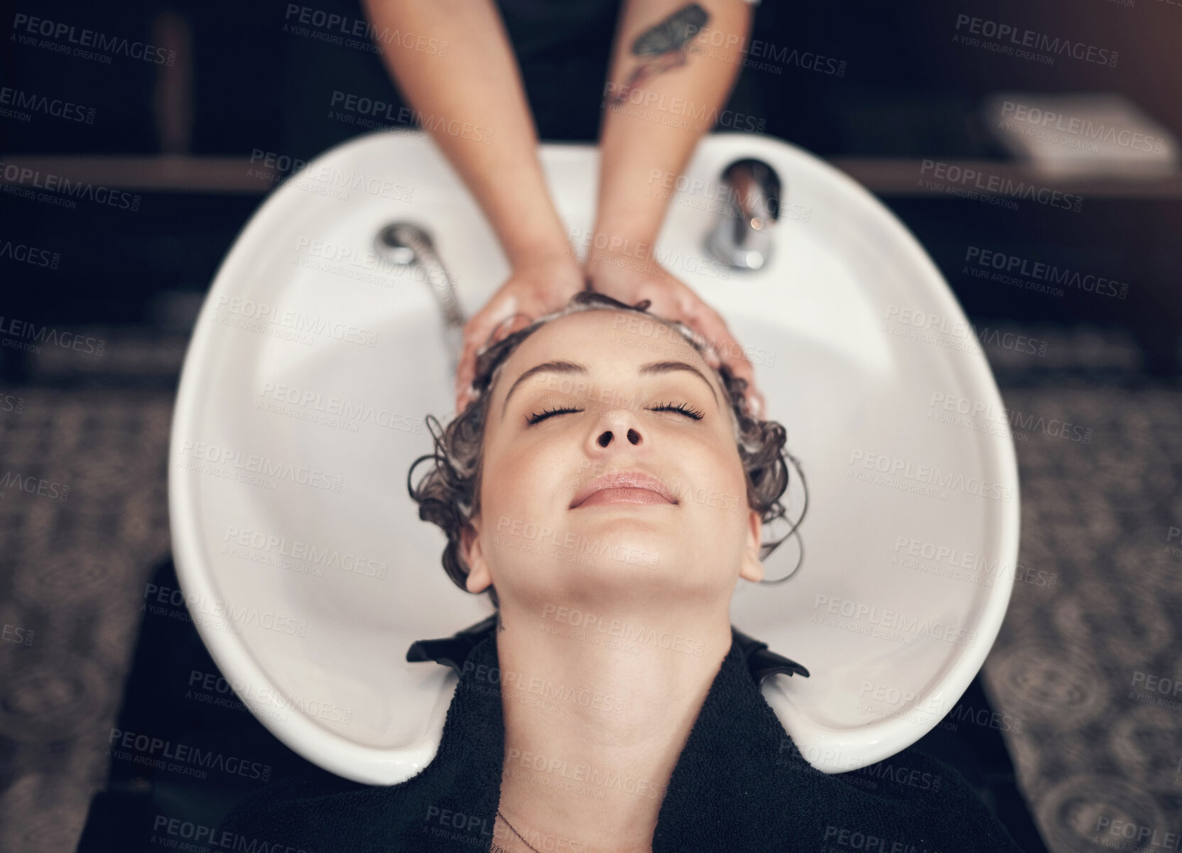 Buy stock photo Smile, massage and hairdresser with customer in salon, relax and basin for wash and treatment. Hands, scalp and hairstyle or dye for happy client person, keratin and shampoo for hair care above