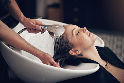 Buy stock photo Cleaning, woman or hands of hairdresser with customer in salon or basin for washing treatment. Rinse, scalp and grooming service for client, person or shampoo cosmetics for beauty, wellness or spa