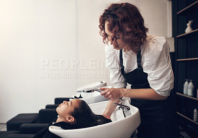 Buy stock photo Washing, kid or hairdresser with client in salon or basin for scalp care, startup and cleaning treatment. Rinse, girl or beauty service for customer or shampoo cosmetics for health, wellness and spa 